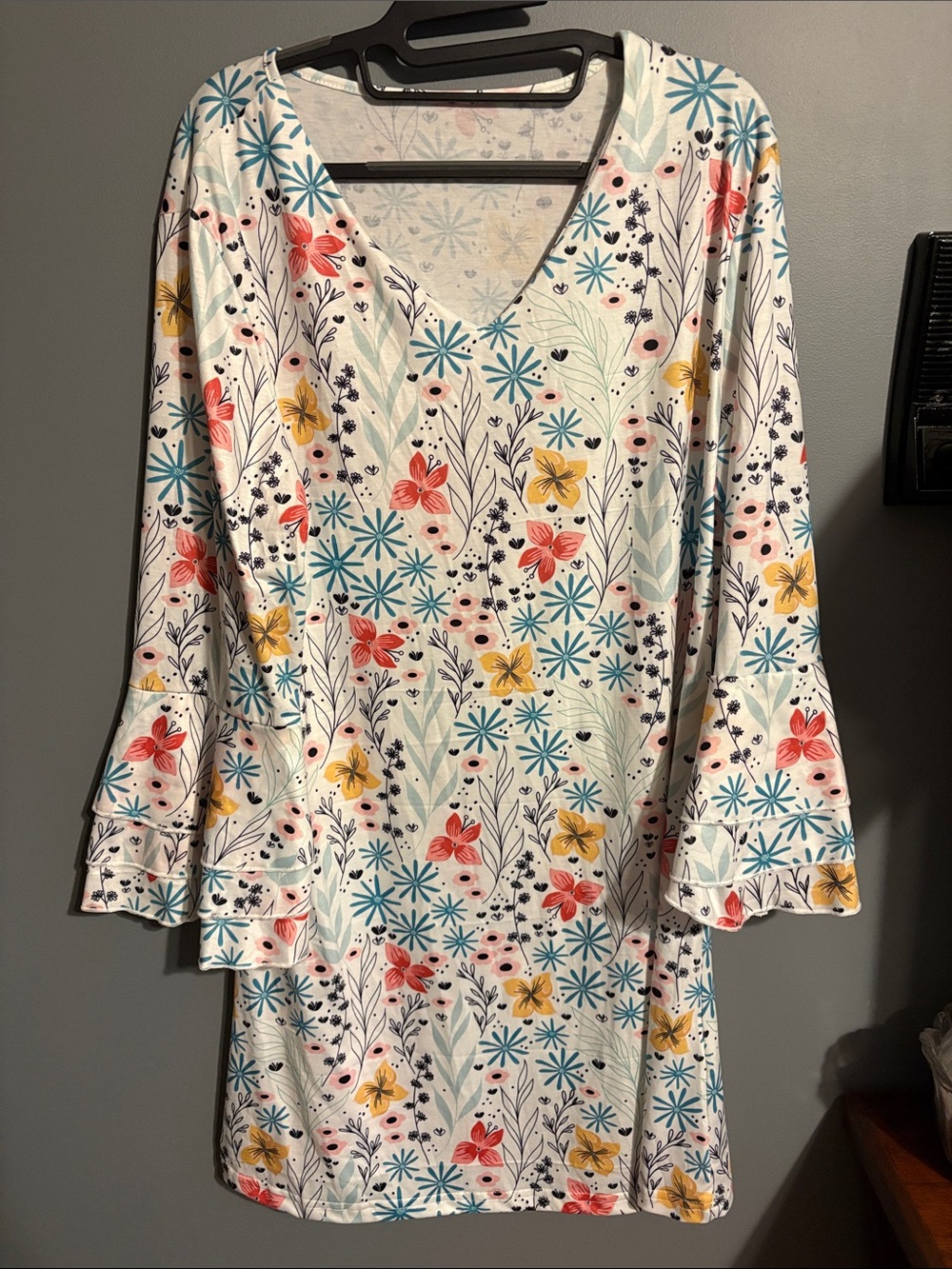Floral V-Neck Ruffle Sleeve Tunic - White with Coral, Mustard & Teal